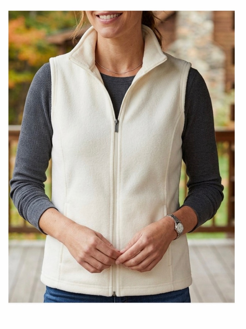 L.L. Bean Fleece Vest Jacket Full Zip Pockets Size Medium Cream / Off White